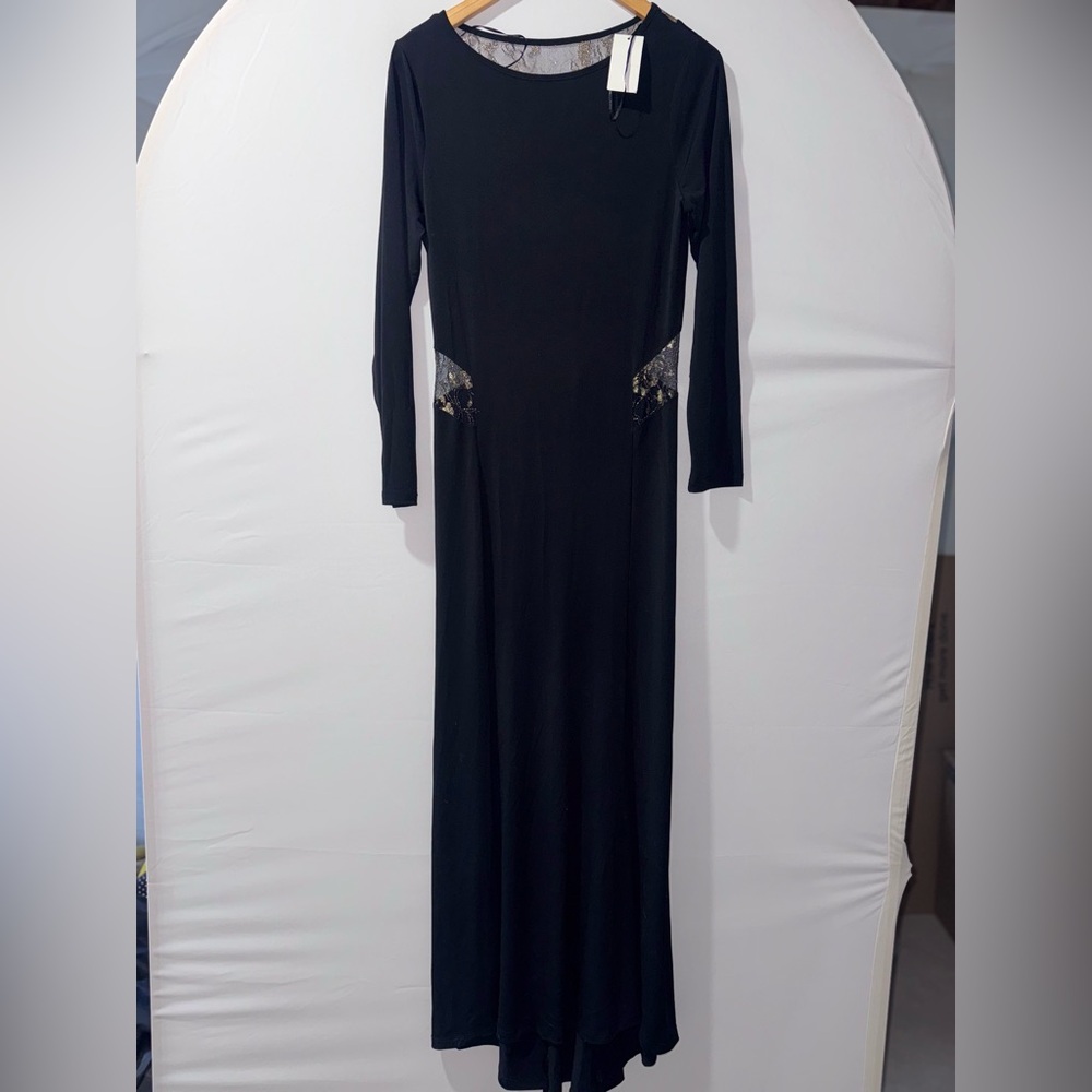 VENUS Blue and Black Embellished Long Sleeve Cocktail Gown